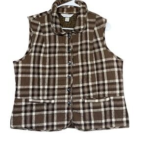 Christopher & Banks Vest Womens L Brown Plaid Quilted Snap Front Stand Collar
